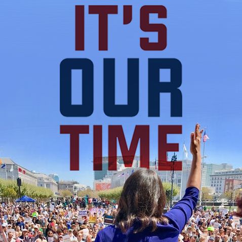 "It's Our Time" over image of London Breed speaking to crowd